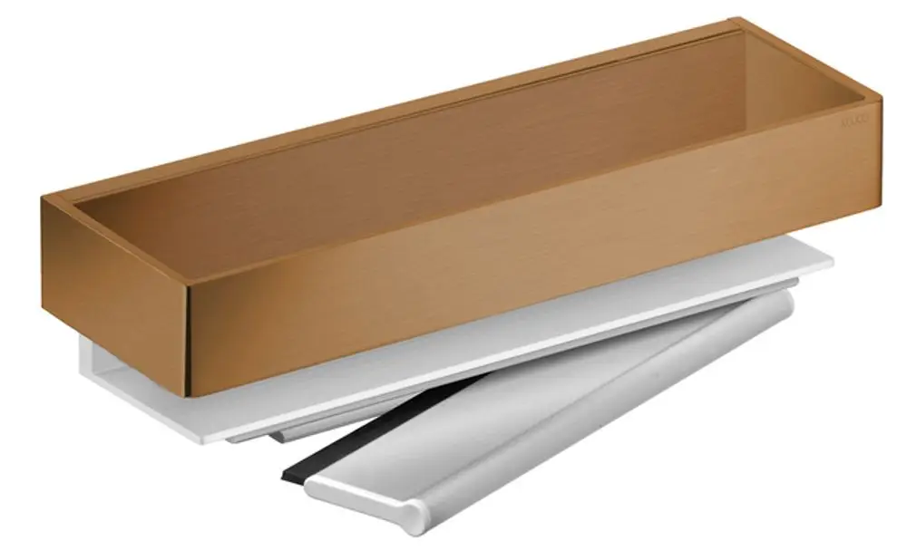 Keuco Duschkorb in bronzefarbenem, gebürstetem Metall, rechteckige Form, mit einem Glasabtrennungselement, für die Wandmontage geeignet.